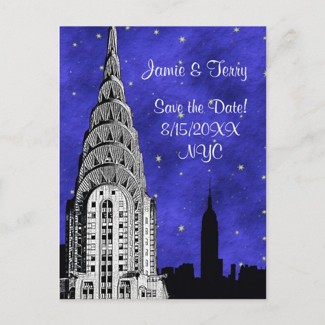 Carte Postale Faire-part NYC Skyline Silhouette Blue Starry Enregistrer la  (Devant)