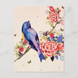 Carte Postale Faire-part Oiseau bleu doré rouge floral papillon paillettes