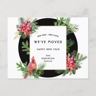 Carte Postale Faire-part Oiseau Cardinal et Poinsettias Nouvel An Nouvelle