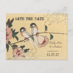 Carte Postale Faire-part Oiseaux de l'amour à fleurs de cerisier rose Sauv