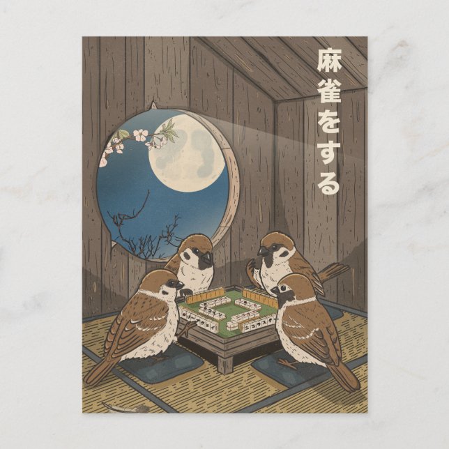 Carte Postale Faire-part Oiseaux jouant au Mahjong  (Devant)