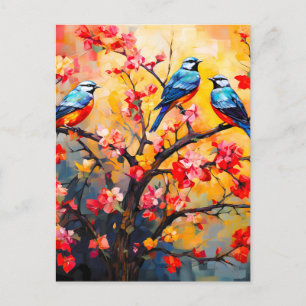 Carte Postale Faire-part Oiseaux printaniers colorés en fleurs