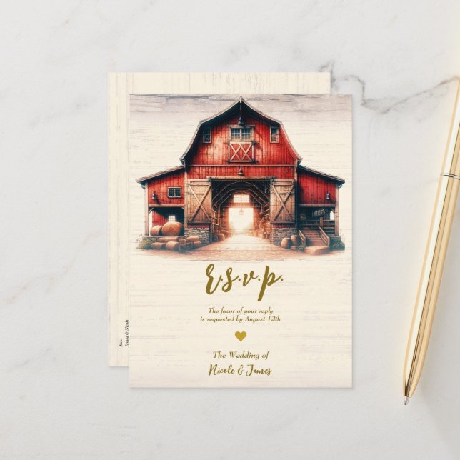 Carte Postale Faire-part Old Red Barn Rustic Mariage campagnard RSVP (Devant/Arrière en situation)