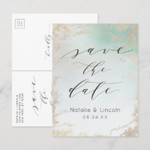 Carte Postale Faire-part Ombre Vert Menthe Doré Givre Feuille de Save the D
