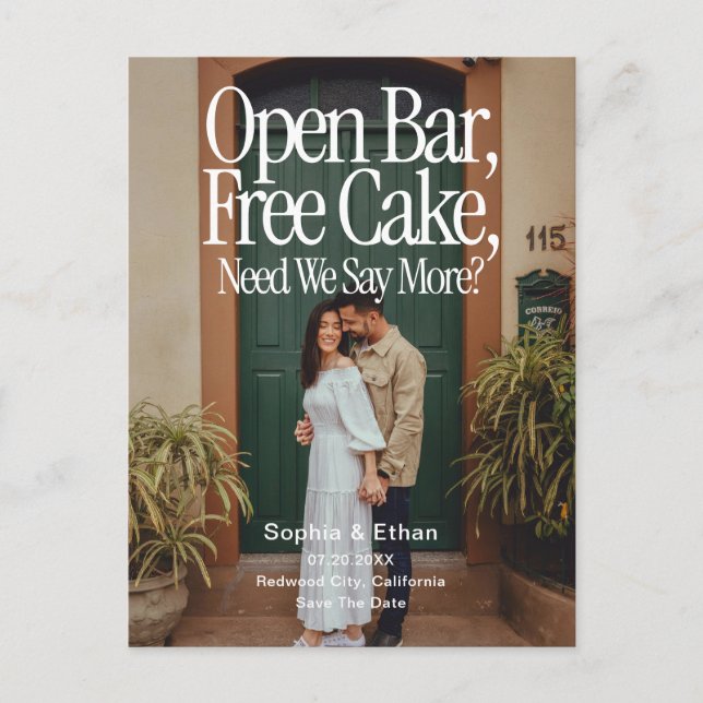 Carte Postale Faire-part Open Bar Free Cake Photo Retro Save The Date (Devant)