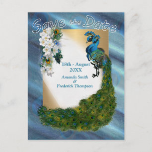 Carte Postale Faire-part Or, 2 paons, plumes sur soie vert émeraude