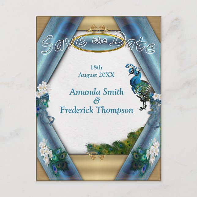 Carte Postale Faire-part Or, 2 Peacocks, Plumes de soie vert émeraude (Devant)