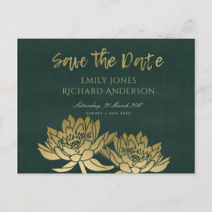 CARTE POSTALE FAIRE-PART OR ÉLÉGANT FLEURS DE LOTUS VERT SAVE THE DATE