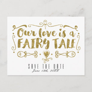 Carte Postale Faire-part Or NOTRE AMOUR EST UN CONTE DE FÉES Mariage Enregi