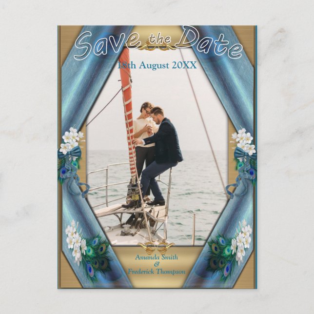 Carte Postale Faire-part Or, plumes de paon sur soie vert émeraude (Devant)