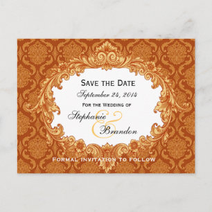 Carte Postale Faire-part Orange Doré Mariage Vintage Damask Enregistrer Dat