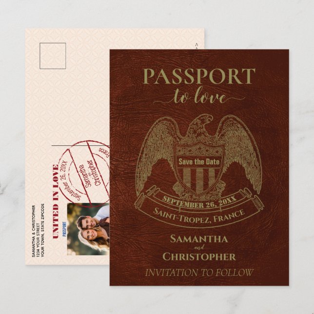 Carte Postale Faire-part Orange Passport merveilleux mariage amusant Enregi (Devant / Derrière)