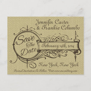 Carte Postale Faire-part Ornement vintage et Burlap Enregistrer la date
