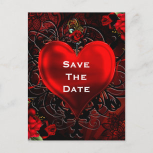 Carte Postale Faire-part Ornemental Elegant Coeur Floral Black & Red Party