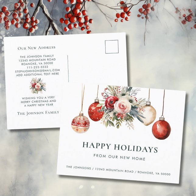 Carte Postale Faire-part Ornements de Noël Fête Florale Nouvelle Maison (Christmas Ornaments Holiday Floral New Home Announcement Postcard)