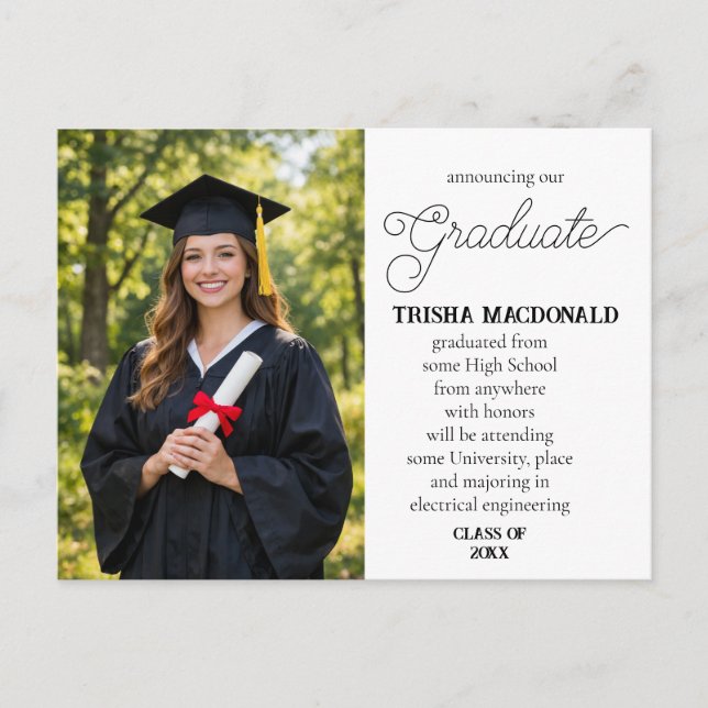Carte Postale Faire-part Our Graduate With Photo Graduation Classic Script (Devant)