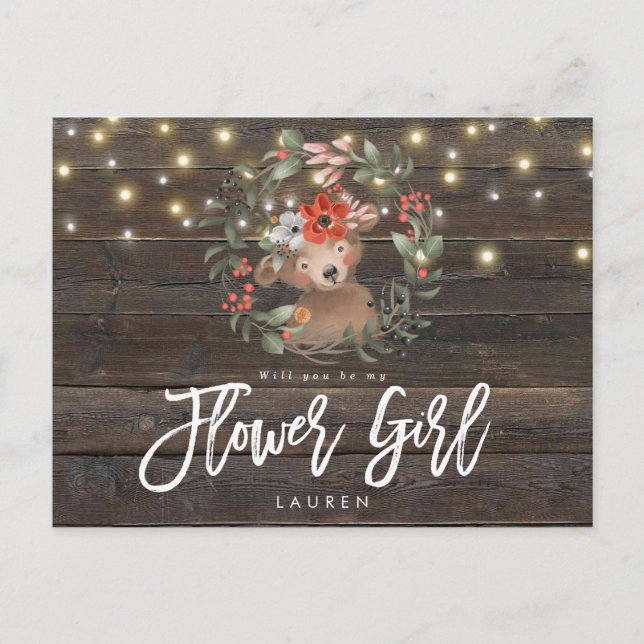 Carte Postale Faire-part ours brun floral rustique veux-tu être ma demoisel (Devant)