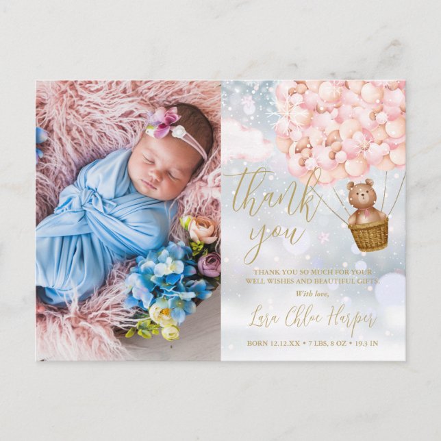 Carte Postale Faire-part Ours en ballons roses Merci Photo Bébé Hiver (Devant)