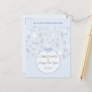 Carte Postale Faire-part Pâle Bleu Pastel Rayure Fantaisie Noël Argent