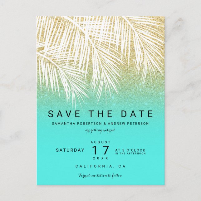 Carte Postale Faire-part Palmier moderne or aqua save the date (Devant)