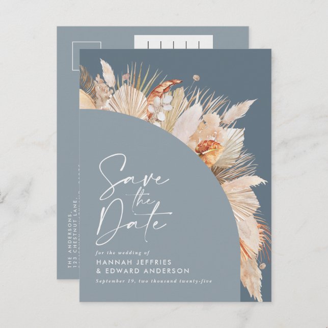 Carte Postale Faire-part Pampas bleu roux moderne bohème photo d'herbe (Devant / Derrière)