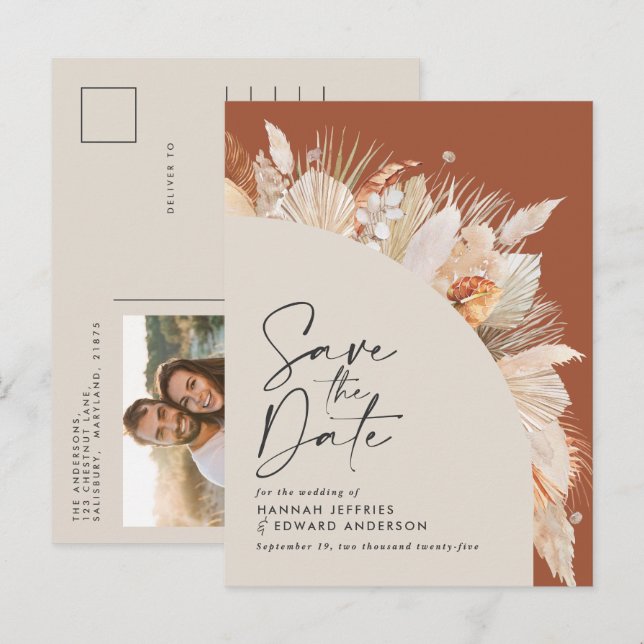 Carte Postale Faire-part Pampas en terre cuite bohème moderne photo d'herbe (Devant / Derrière)