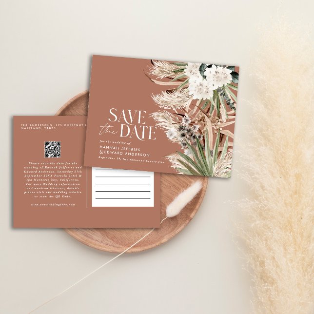Carte Postale Faire-part Pampas eucalyptus botanique moderne code QR (Créateur téléchargé)