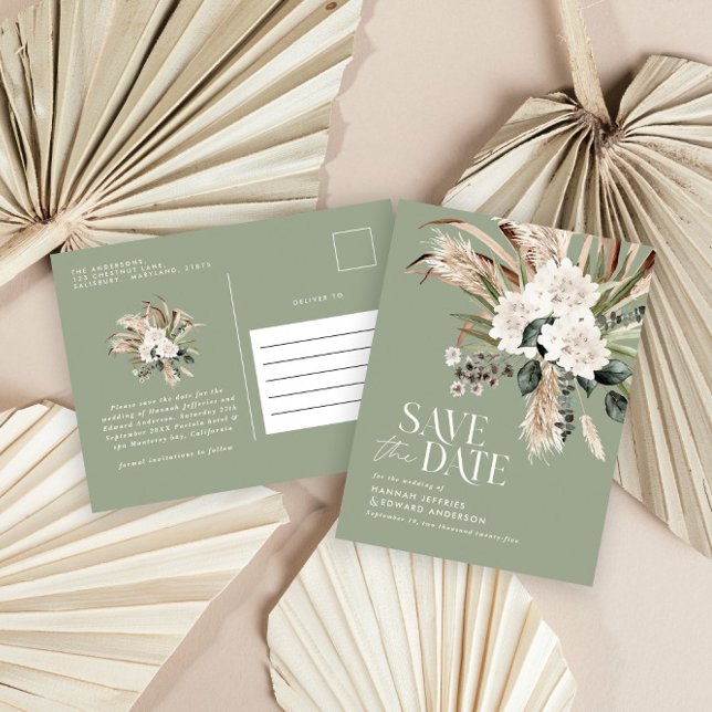 Carte Postale Faire-part Pampas moderne eucalyptus sauge vert élégant (Créateur téléchargé)