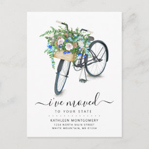 Carte Postale Faire-part Panier fleuri bleu de bicyclette noire en mouvemen