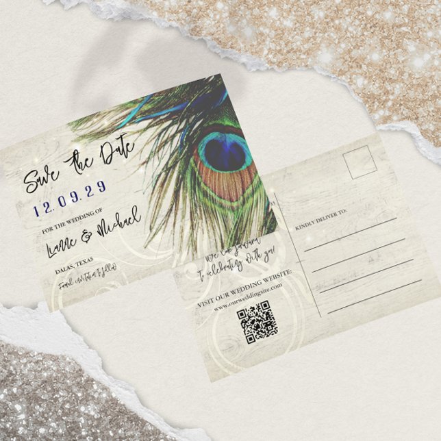 Carte Postale Faire-part Paon Turquoise Navy Bois Vintage Rustique (Créateur téléchargé)