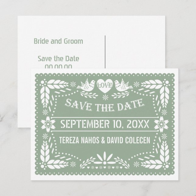Carte Postale Faire-part Papel picado vert sauge mariage Save the Date (Devant / Derrière)