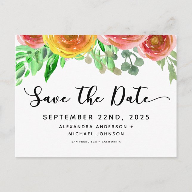 Carte Postale Faire-part Papier aquarelle floral lettrage manuscrit Save th (Devant)