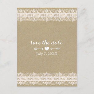 Carte Postale Faire-part Papier Brun & Dentelle Blanche Rustique Économisez