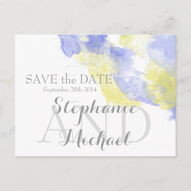 Carte Postale Faire-part Papillon aquarelle Pervenche Citron Save the Dat (Devant)