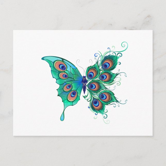 Carte Postale Faire-part Papillon aux plumes de paon vert (Devant)