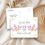 Carte Postale Faire-part Papillon Ciels Coral Gold Confetti Enregistrer la<br><div class="desc">Joli papillon enregistrez la carte de date avec un message personnalisé au dos afin que vous puissiez customiser pour n'importe quelle occasion. Le design a de jolis papillons aquarelles en crème et or rose corail avec élégante typographie manuscrite et confetti d'or. Veuillez naviguer dans mon magasin pour trouver les invitations,...</div>