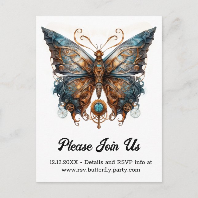 Carte Postale Faire-part Papillon Morpho Gearmoth Mariage Steampunk  (Devant)