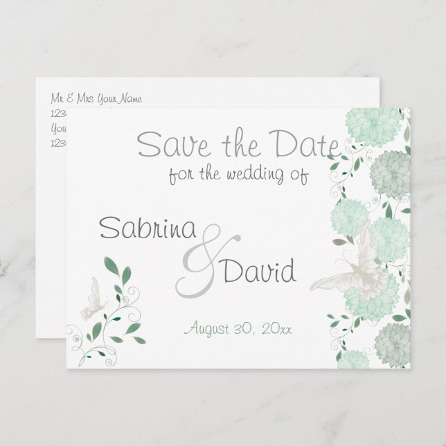 Carte Postale Faire-part Papillon Pistachio Chrysanthème Enregistrer la dat (Devant / Derrière)