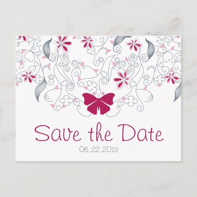 Carte Postale Faire-part Papillon rose foncé Whimsy Enregistrer la date Car (Devant)