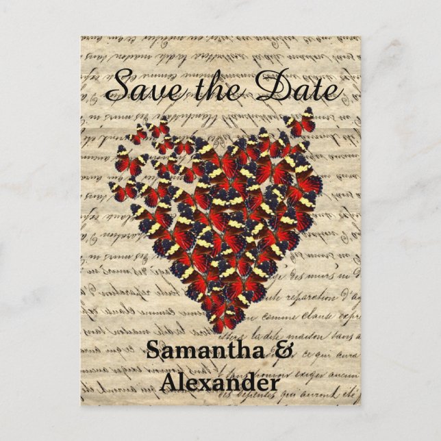 Carte Postale Faire-part Papillon rouge romantique cœur save the date (Devant)