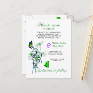 Carte Postale Faire-part Papillons Et Marguerites Vertes Sauvegarder La Dat