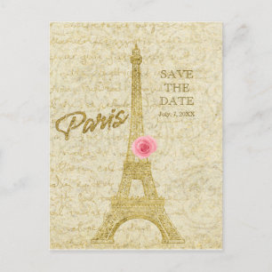 Carte Postale Faire-part Paris Tour Eiffel Or & Rose SAUVEGARDEZ LA DATE