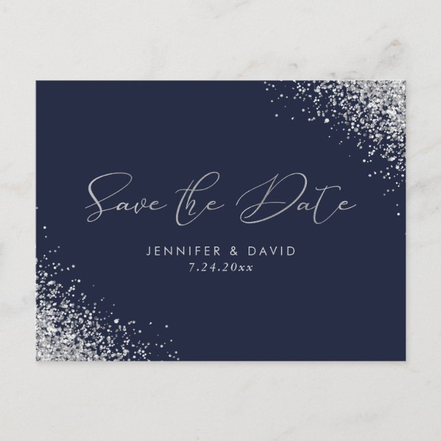 Carte Postale Faire-part Parties scintillant Argent Marine Bleu Mariage Enr (Devant)