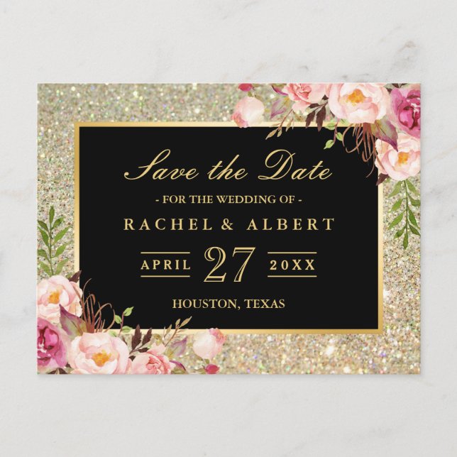 Carte Postale Faire-part Parties scintillant d'or Mariage floral Enregistre (Devant)