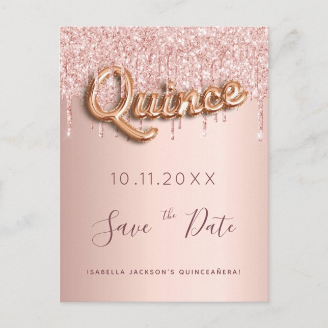 Carte Postale Faire-part Parties scintillant d'or rose Quinceanera enregist (Devant)