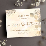 Carte Postale Faire-part Parties scintillant dorée Eucalyptus mariage enreg<br><div class="desc">Un arrière - plan doré à l'eau décoré de feuillage d'eucalyptus doré et de poussière de parties scintillant en faux or. Personnalisez et ajoutez la date, le lieu et vos noms. Lettres de couleur dorée. Le texte : Save the Date est écrit avec un grand script de style à la...</div>