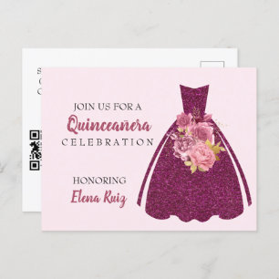 Carte Postale Faire-part Parties scintillant moderne Quinceañera Gown QR Co
