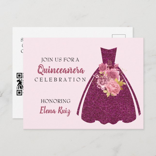 Carte Postale Faire-part Parties scintillant moderne Quinceañera Gown QR Co (Devant / Derrière)