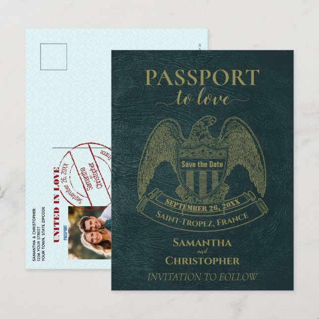 Carte Postale Faire-part Passeport turquoise Mariage amusant Enregistrer la (Devant / Derrière)