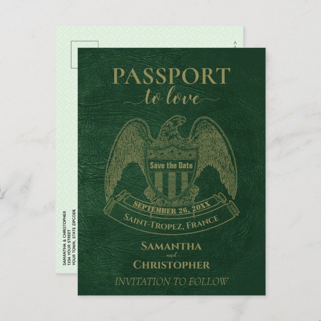 Carte Postale Faire-part Passeport vert mignon mariage amusant Enregistrer  (Devant / Derrière)